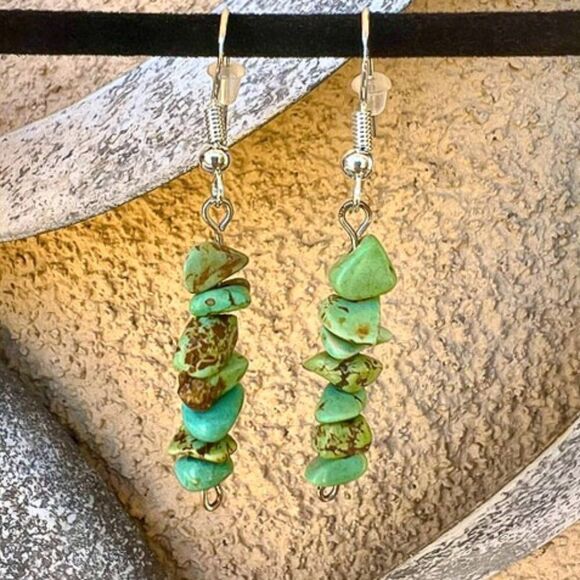 Vintage Turquoise Nugget Dangle Earrings 925 - Picture 3 of 8